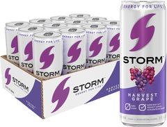 STORM lata frontal Harvest Grape mostrando etiqueta y tamaño práctico