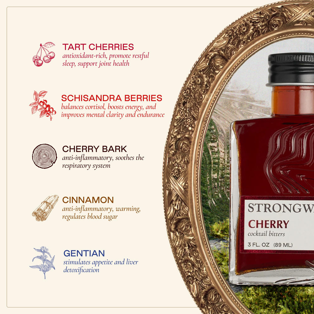 Strongwater cerezas secas y especias que ilustran ingredientes reales