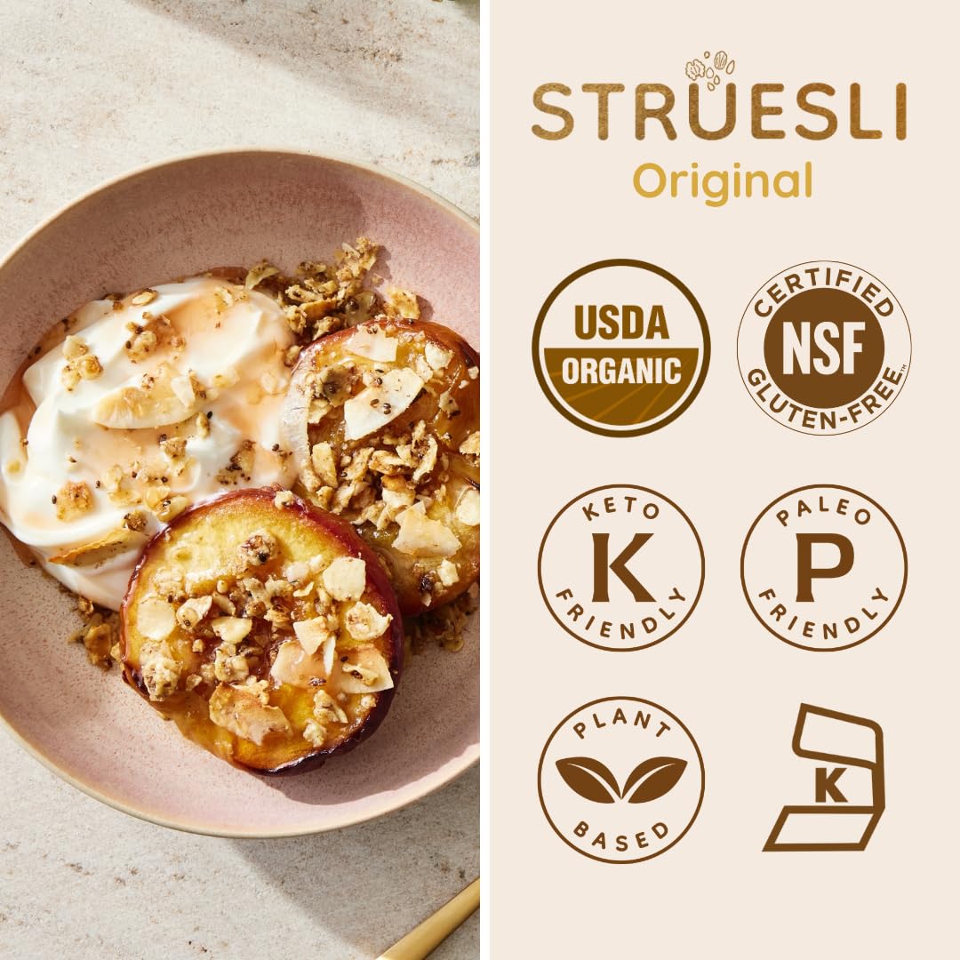 Struesli ingredientes en mesa: chufa, nueces, chia, coco, transparencia del producto