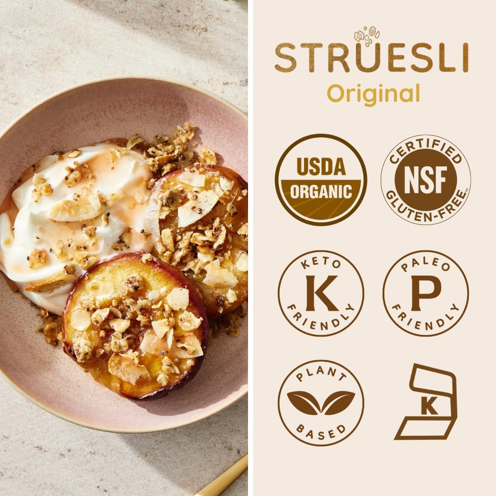 Struesli ingredientes en mesa: chufa, nueces, chia, coco, transparencia del producto