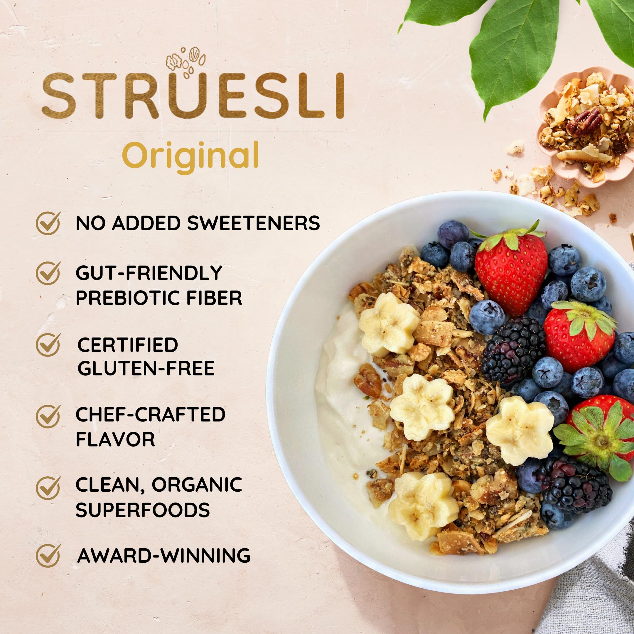 Struesli como topping en yogur, marca Struesli aporta crujiente saludable