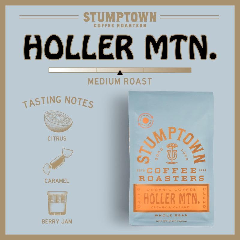 Stumptown Holler Mountain etiqueta con detalles de origen y certificaciones