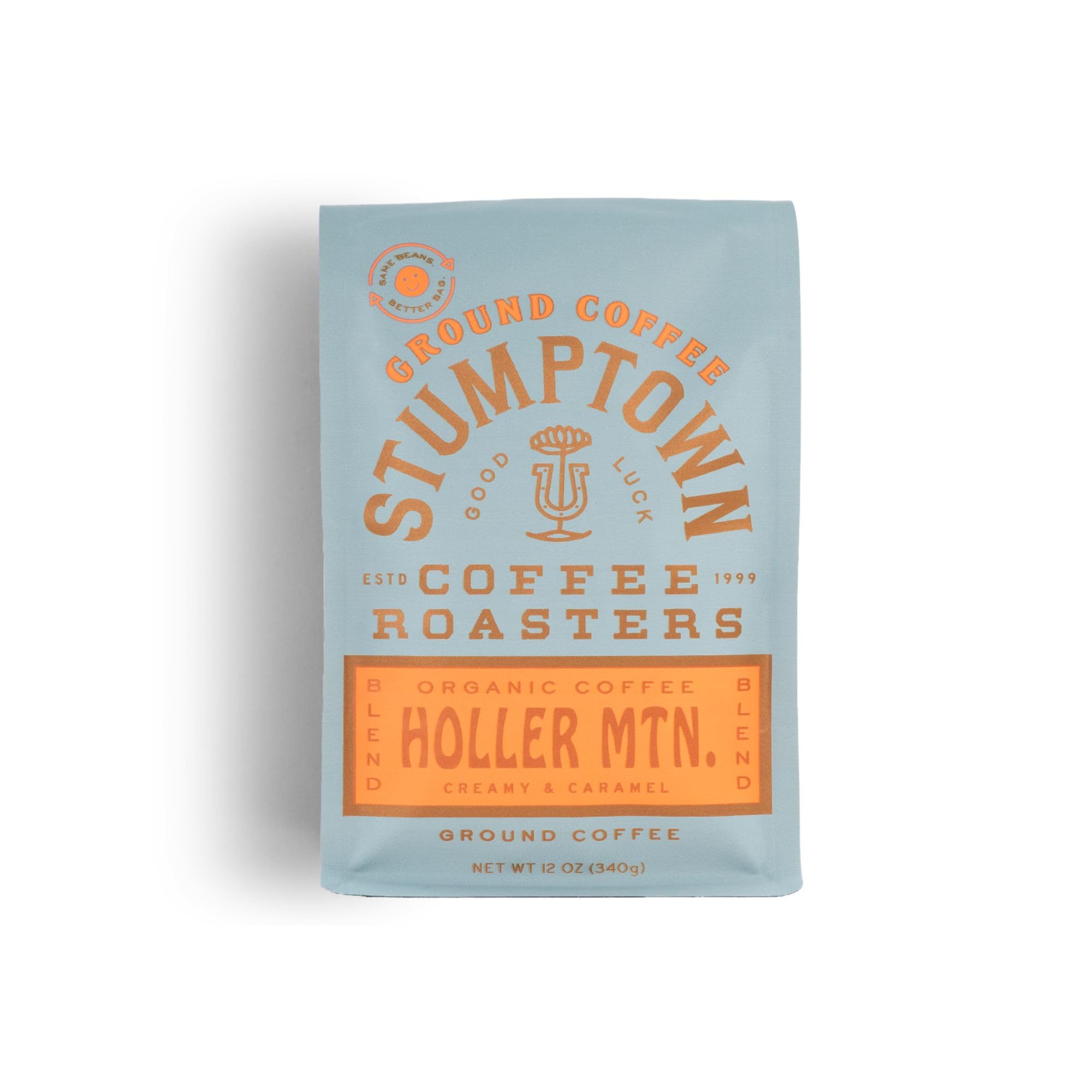 Stumptown paquete frontal mostrando diseño y peso, fácil identificación