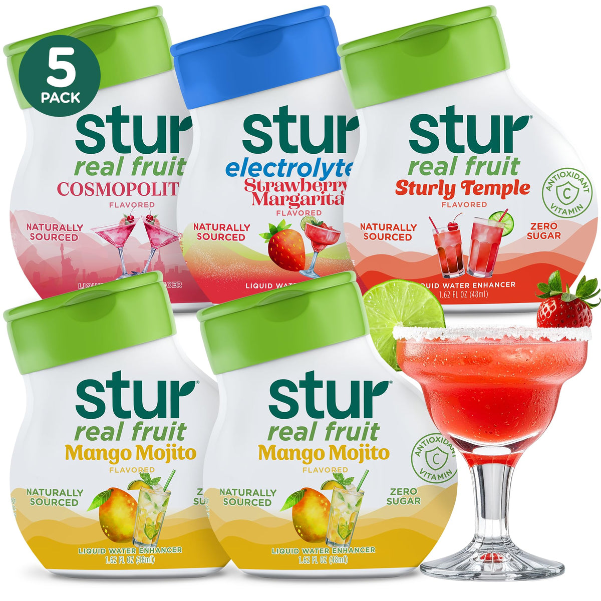 Stur frentes pack variedad mostrando las cinco botellas y un beneficio de sabor natural