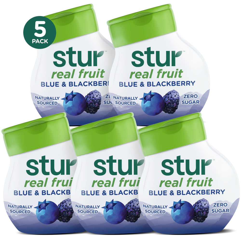 Stur frontal del pack Blue & Blackberry mostrando cinco botellas, fácil transporte