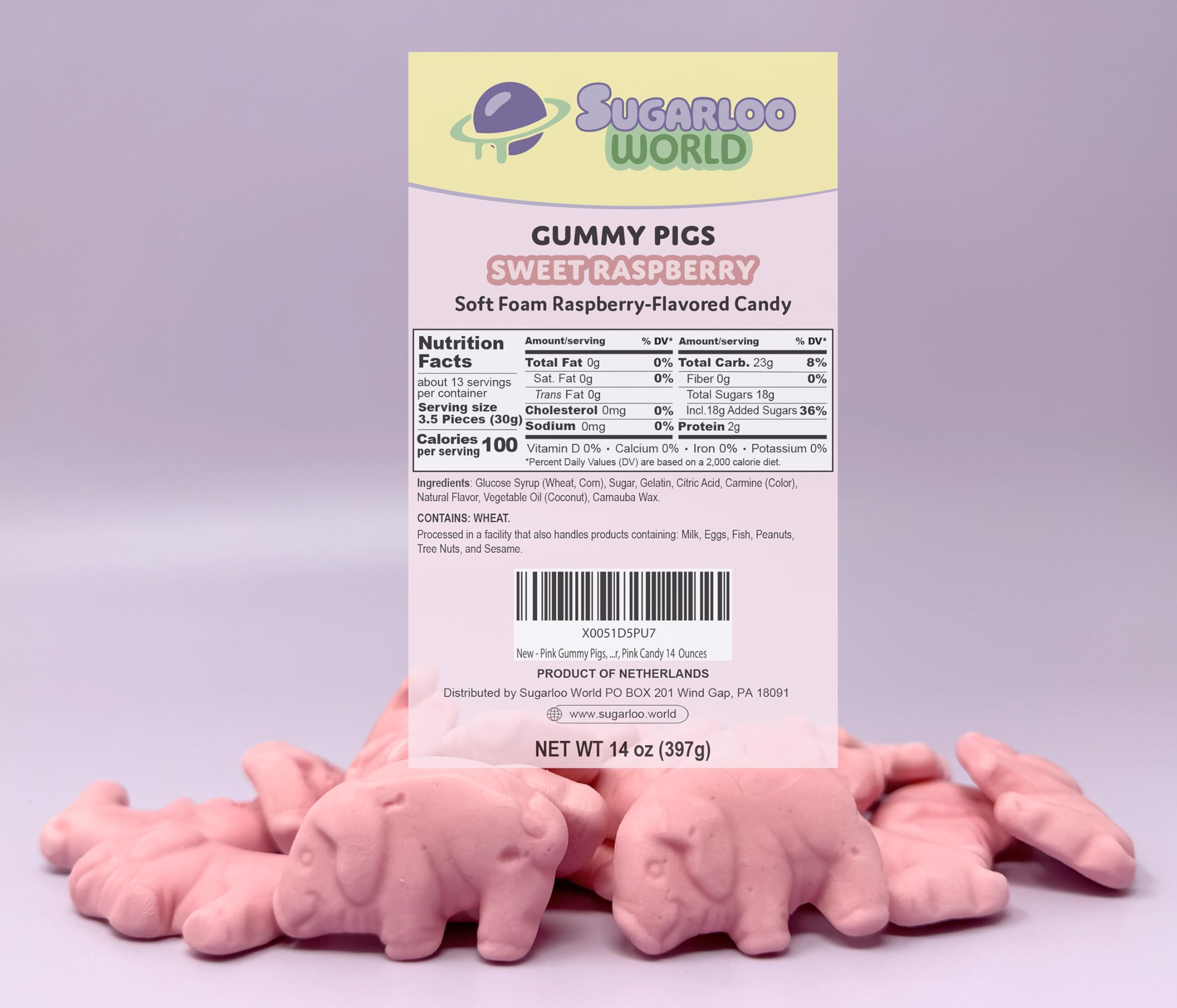 Sugarloo World Pig Gummies arreglo en mesa de fiesta aporta color y diversión