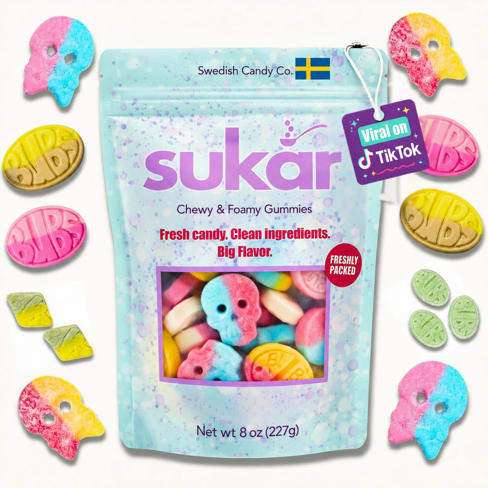 SUKAR Bubs frontal del empaque mostrando la bolsa y su ventaja vegana