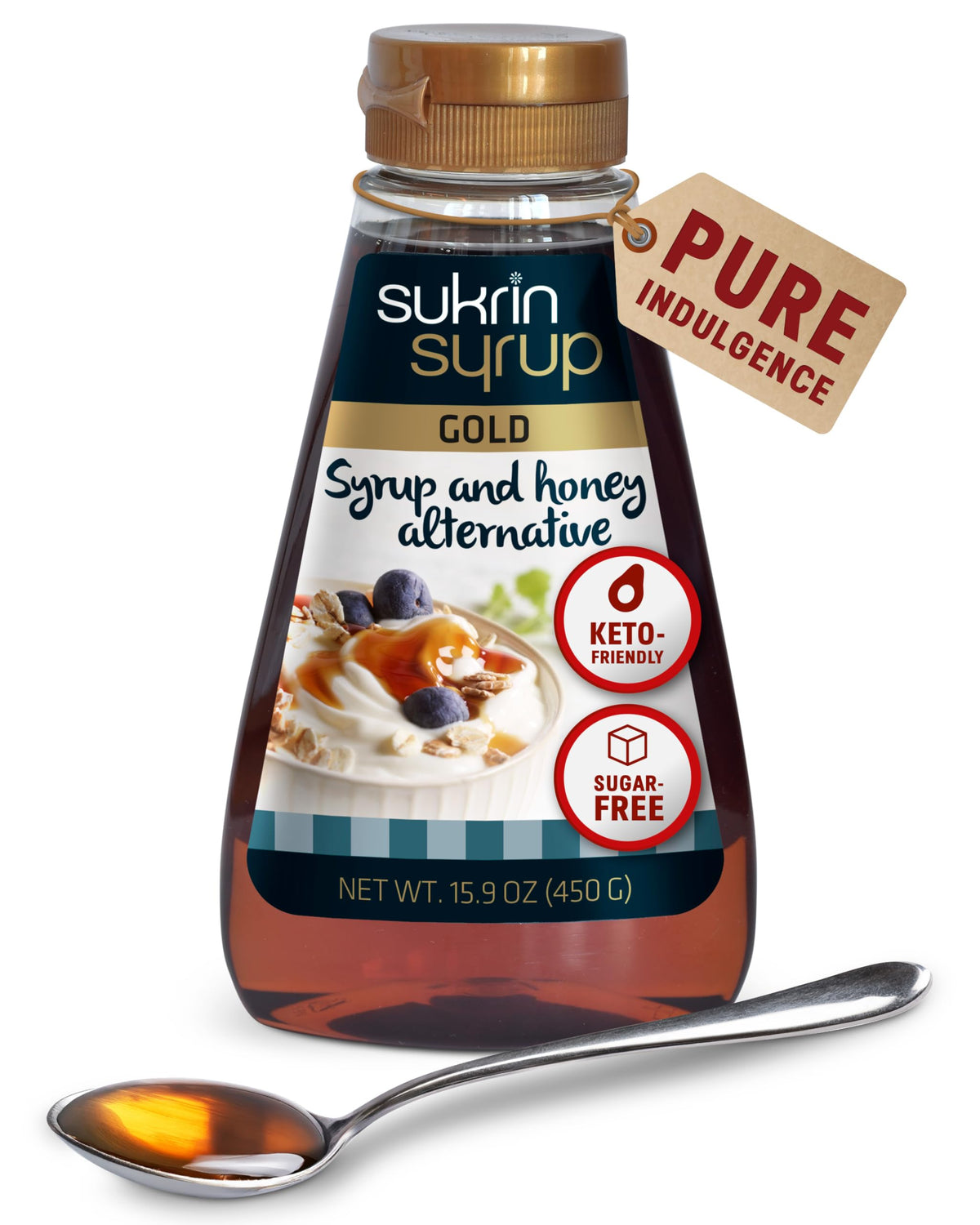 Sukrin botella frontal que muestra diseño y ventaja de vertido controlado