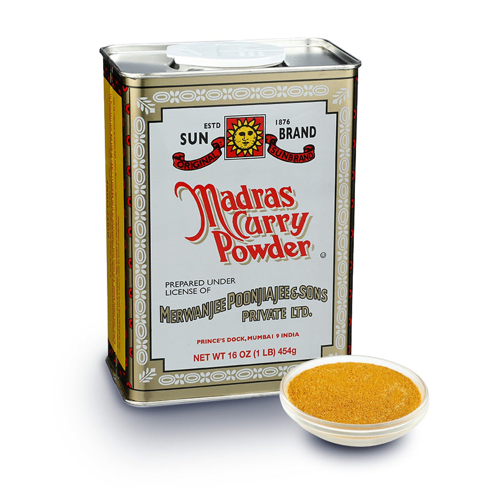 Sun Brand frente del empaque de Madras Curry Powder, empaque práctico y claro