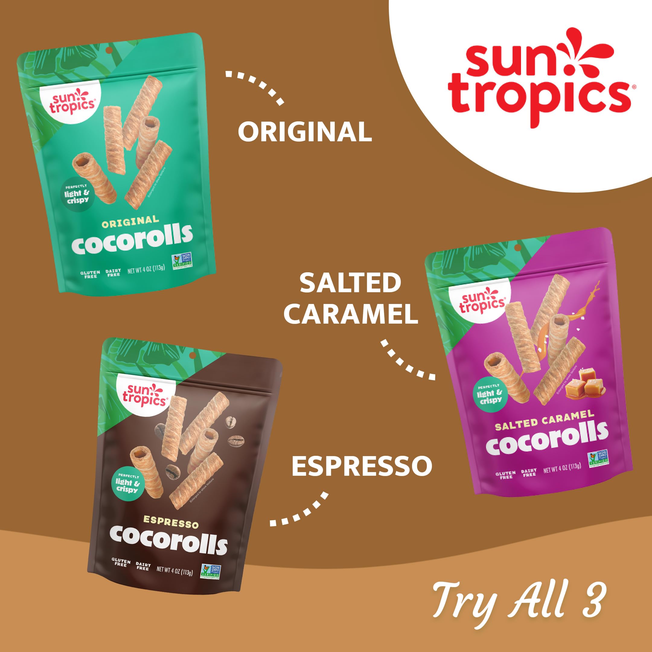 Sun Tropics CocoRolls en escena de playa que sugiere sabor tropical y uso al aire libre