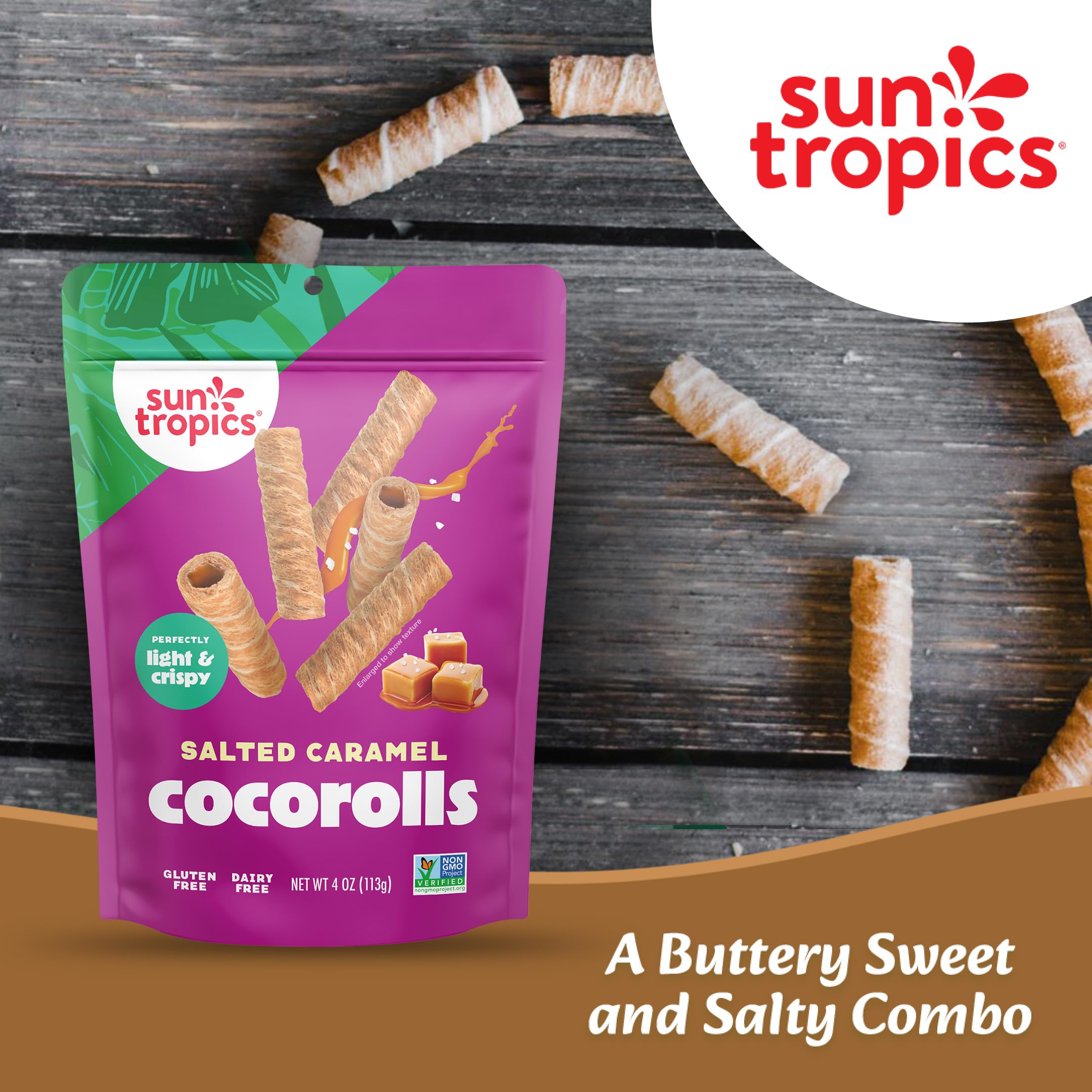 Sun Tropics bolsa abierta con galletas CocoRolls y una porción servida lista para comer