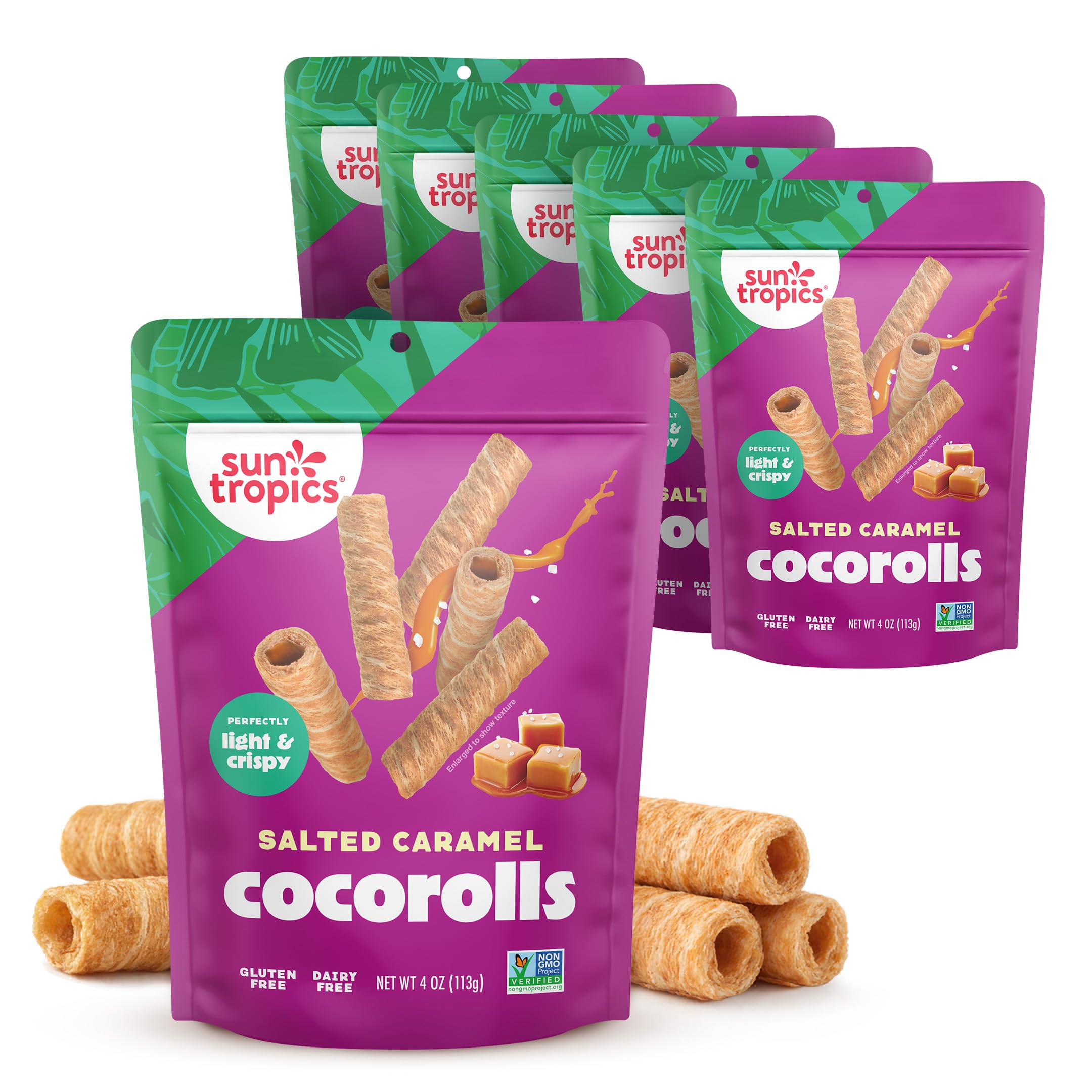Sun Tropics empaque frontal del pack de CocoRolls sabor caramelo salado mostrando diseño y tamaño