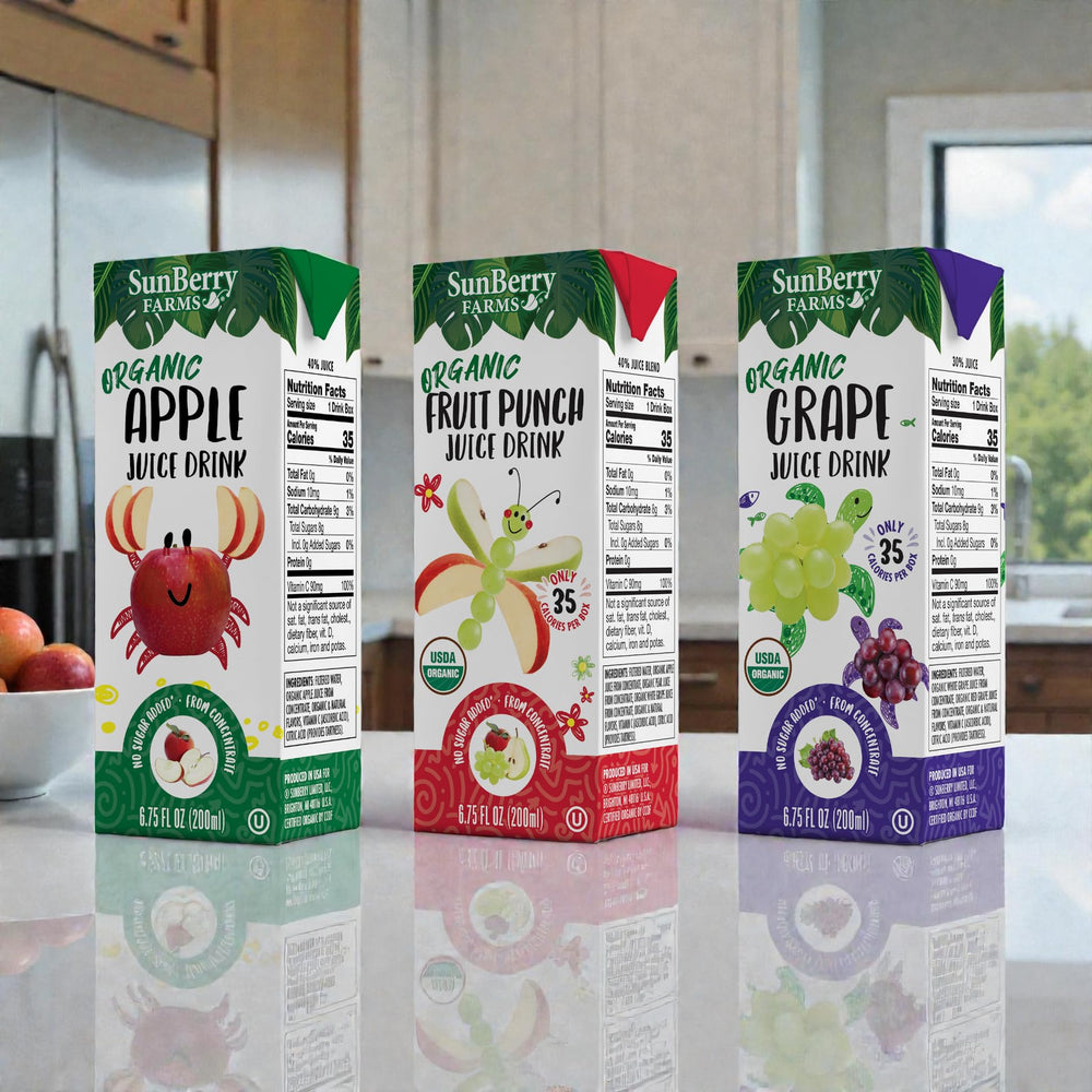 Sunberry Farms caja abierta con pajita insertada, lista para beber al instante
