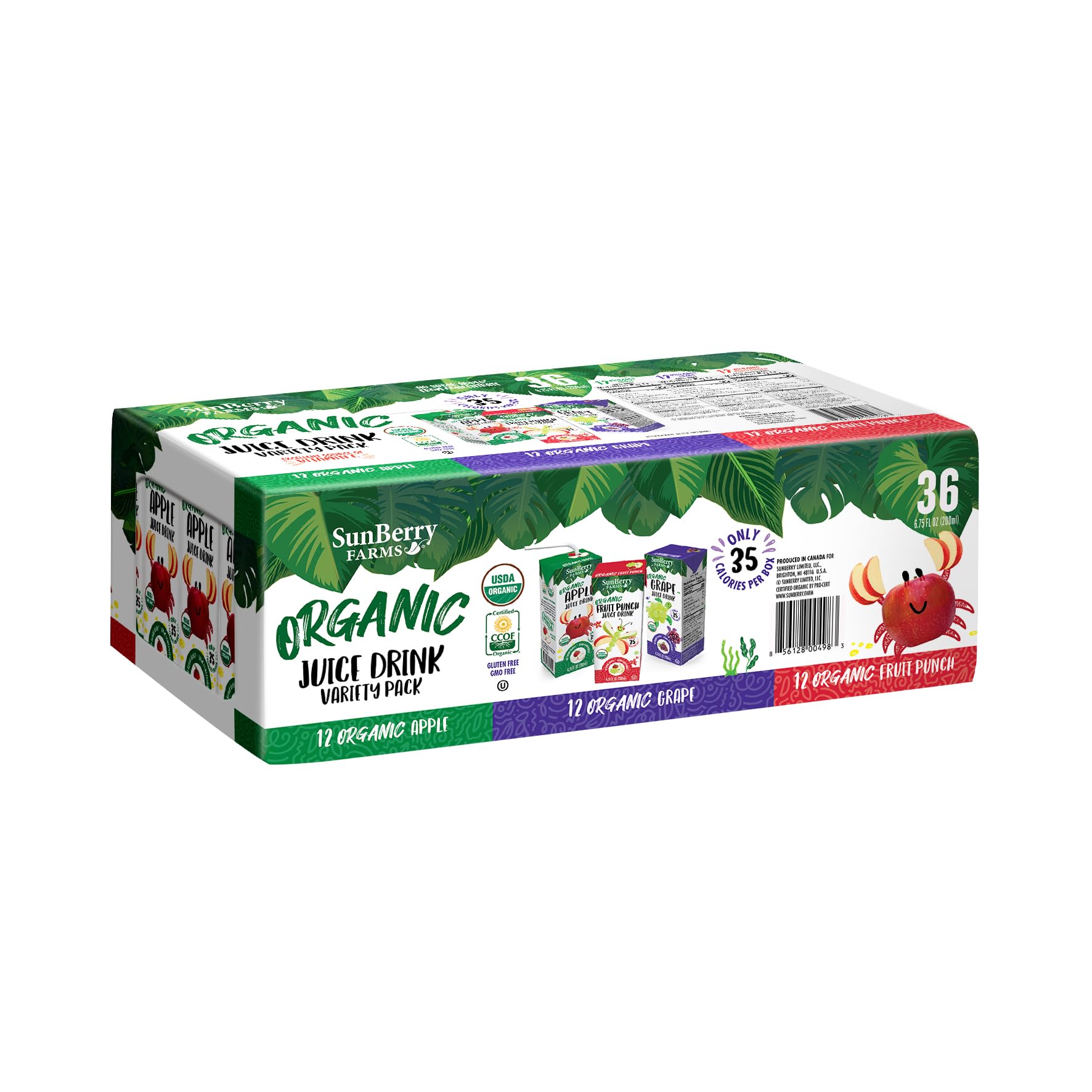 Sunberry Farms frontal del pack variado mostrando 36 cajas, conveniencia orgánica