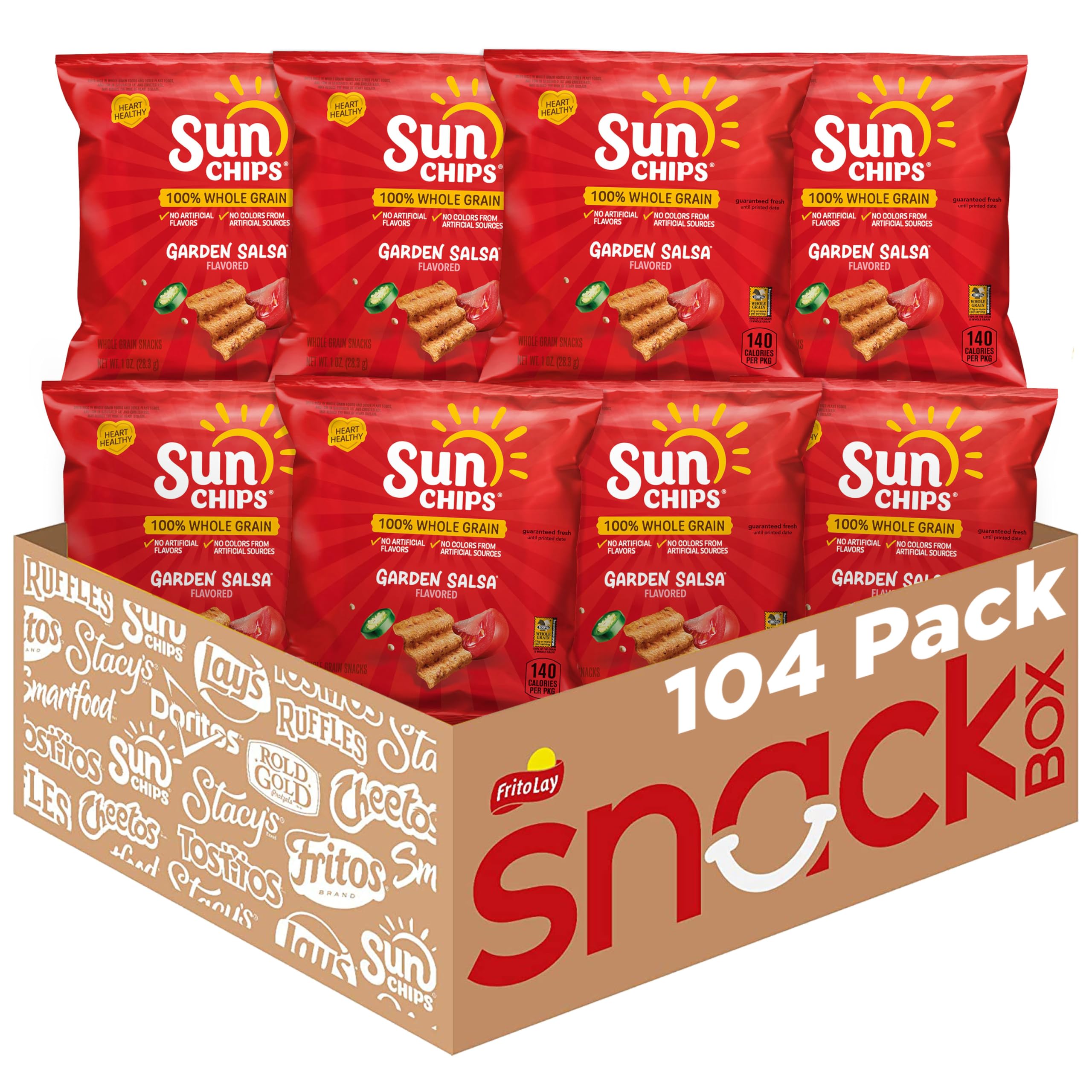 Sunchips empaque frontal mostrando Garden Salsa y porciones individuales