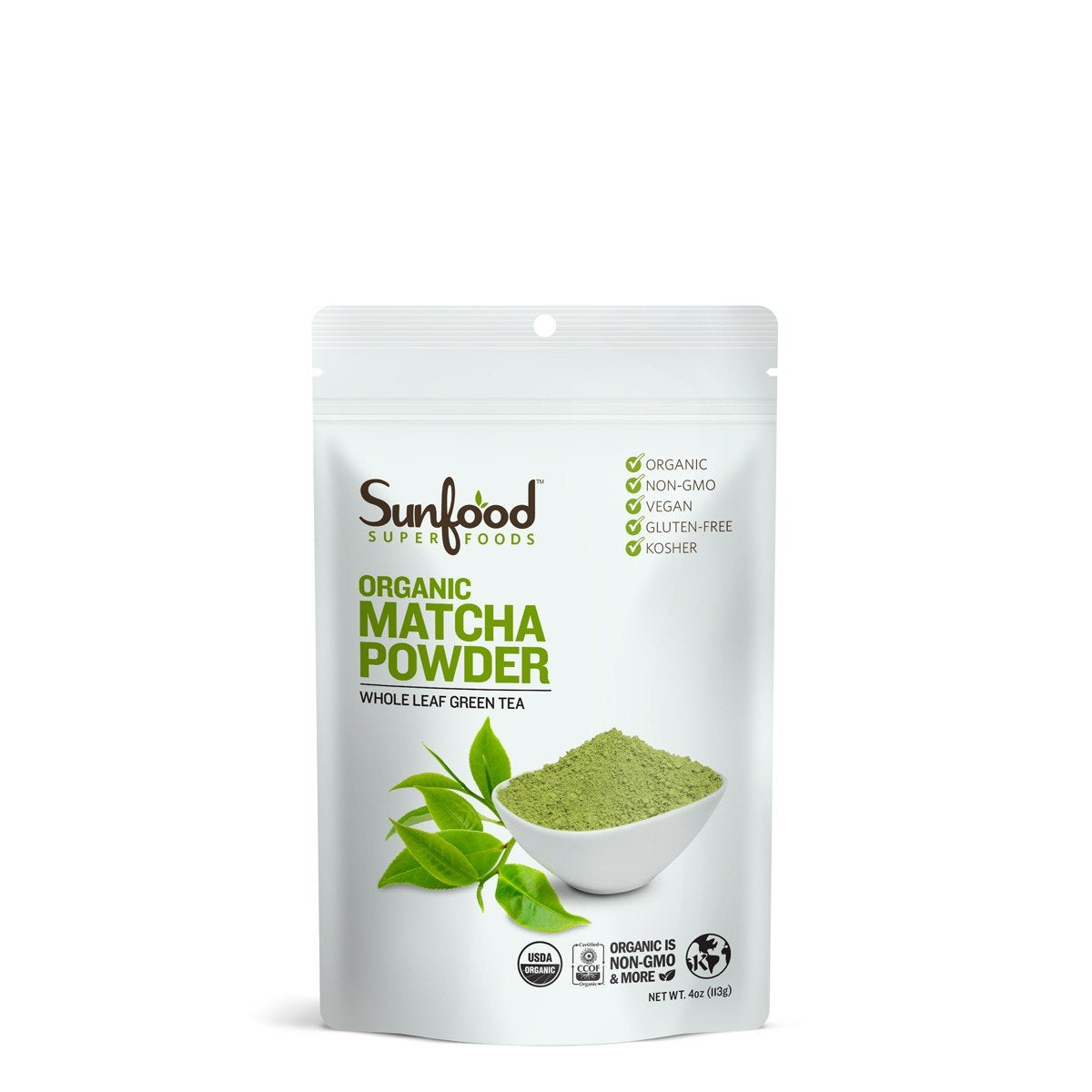 Sunfood Superfoods envase frontal de matcha orgánico mostrando etiqueta y color verde