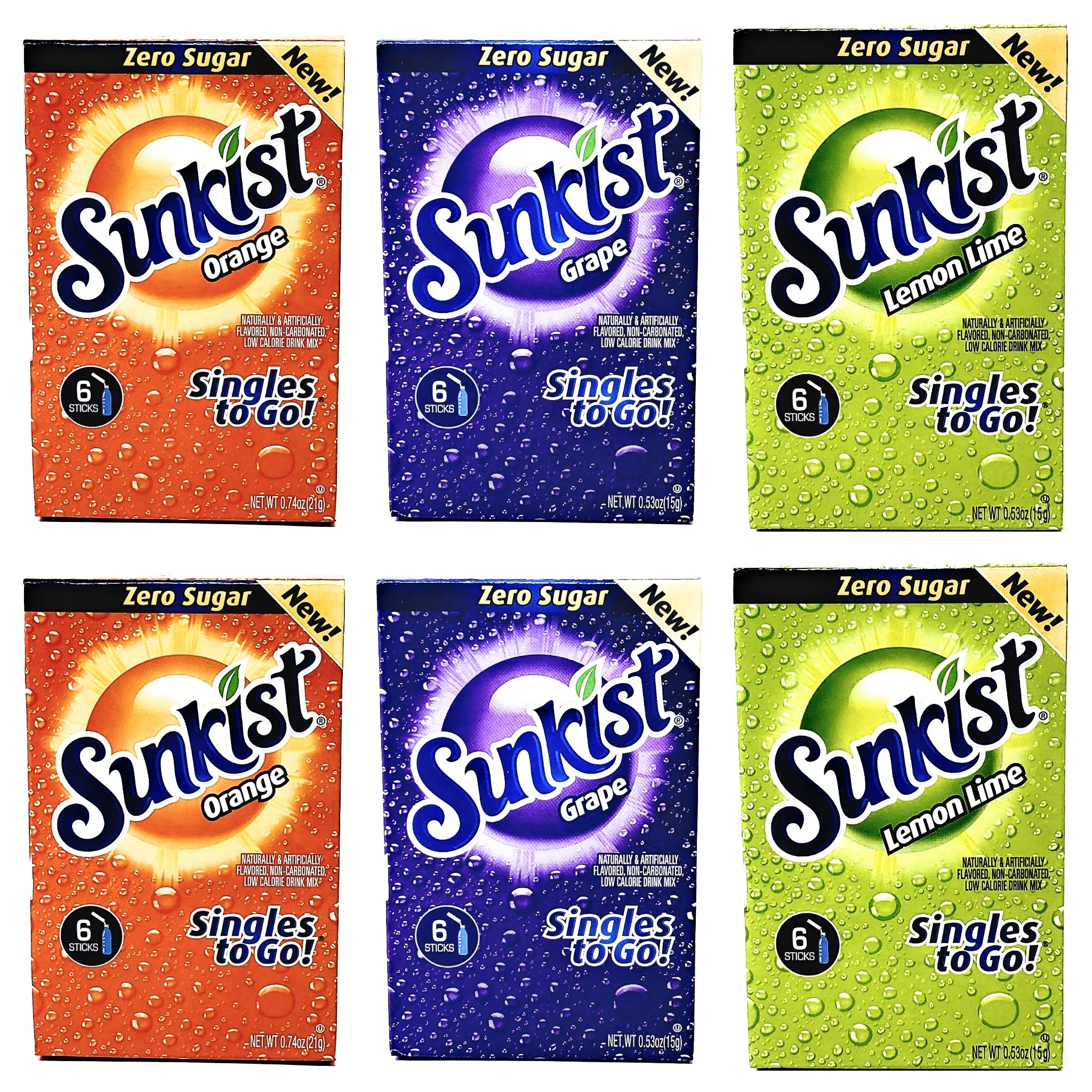 Sunkist pack frontal mostrando 6 cajas y 36 sobres, práctico para llevar