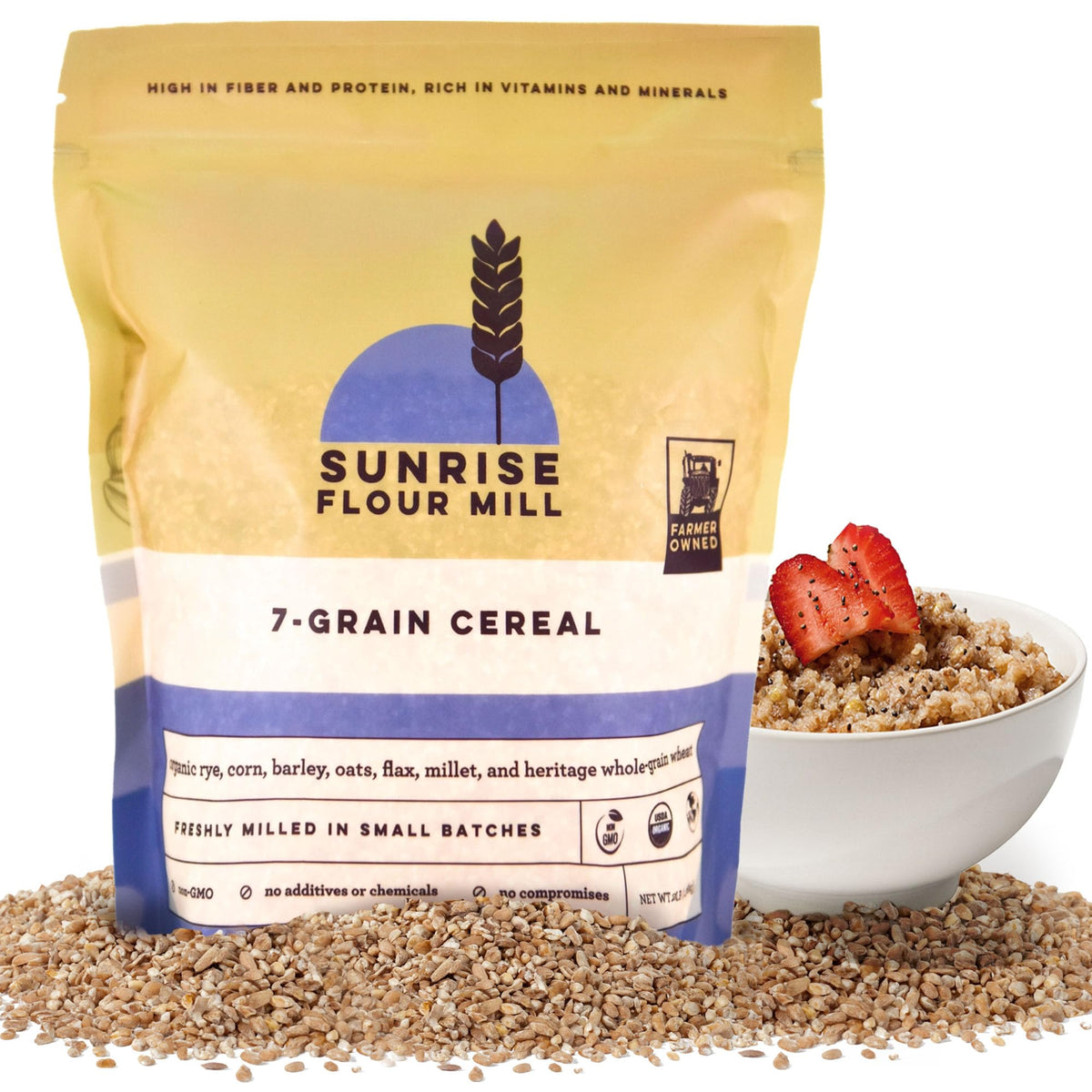 Sunrise Flour Mill envase frontal 32 oz mostrando etiqueta orgánica y beneficios