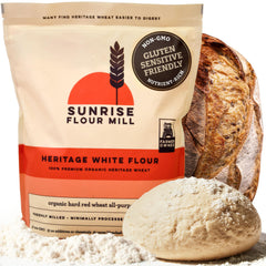 Sunrise Flour Mill paquete frontal mostrando 80 oz y beneficios orgánicos