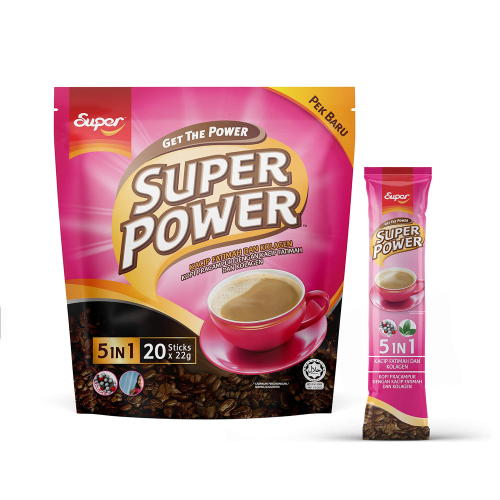 SUPER Power 5in1 Coffee frontal mostrando envase y rapidez de preparación