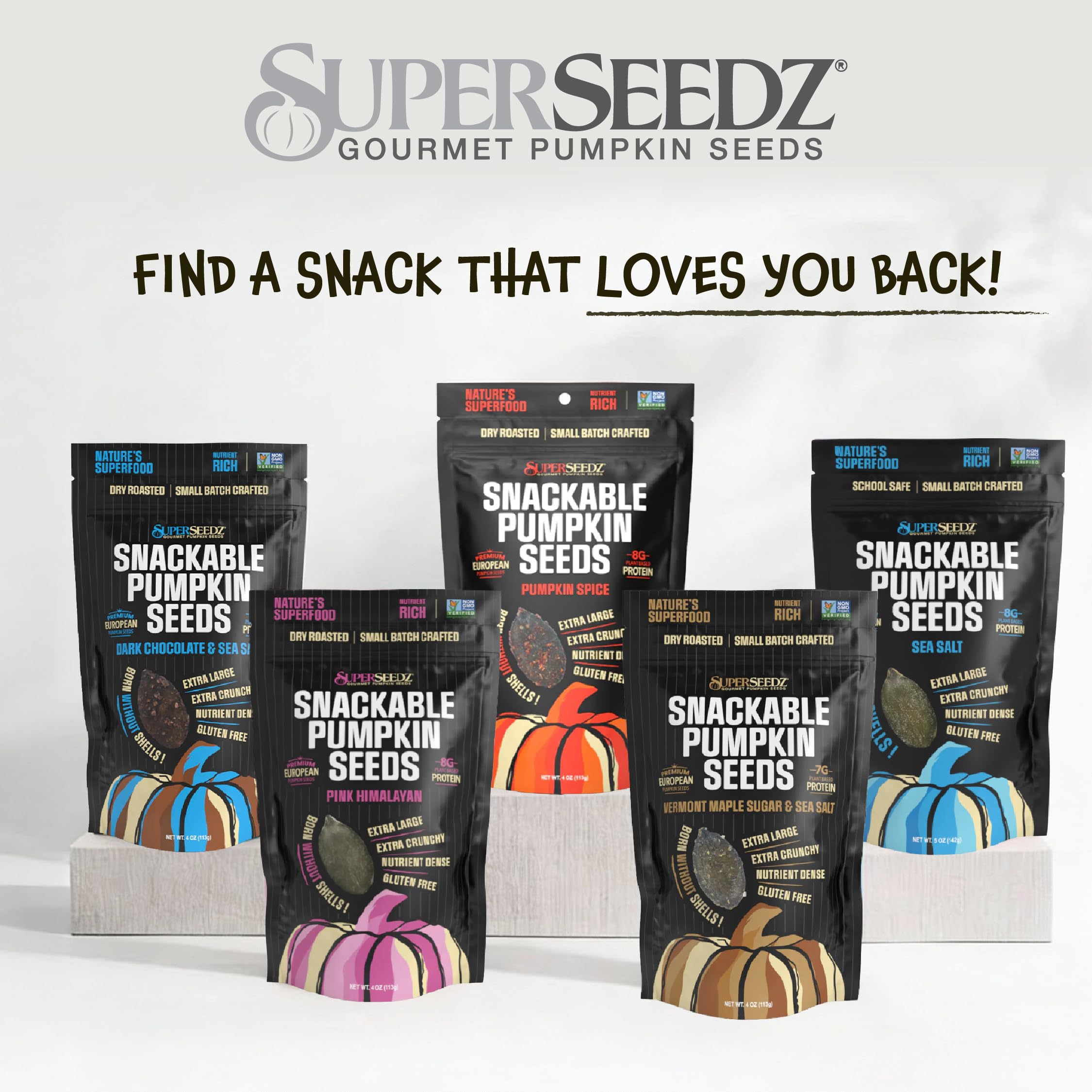 SuperSeedz bolsa abierta en mesa, snack saludable para compartir