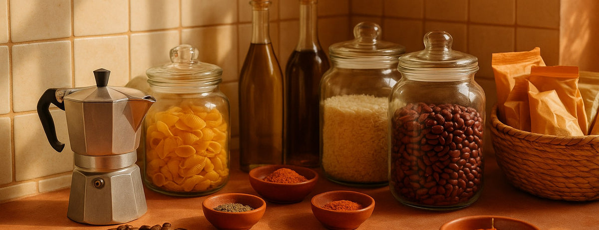 Alacena surtida con café, pasta, granos, aceites y especias