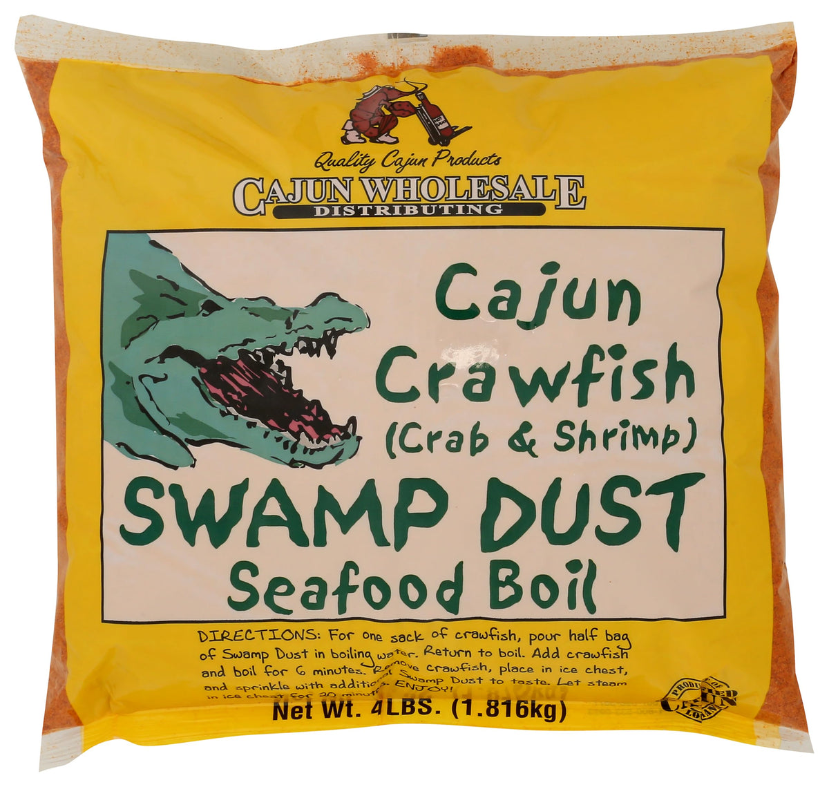 Swamp Dust bolsa 4LB frente mostrando etiqueta y uso para hervidos