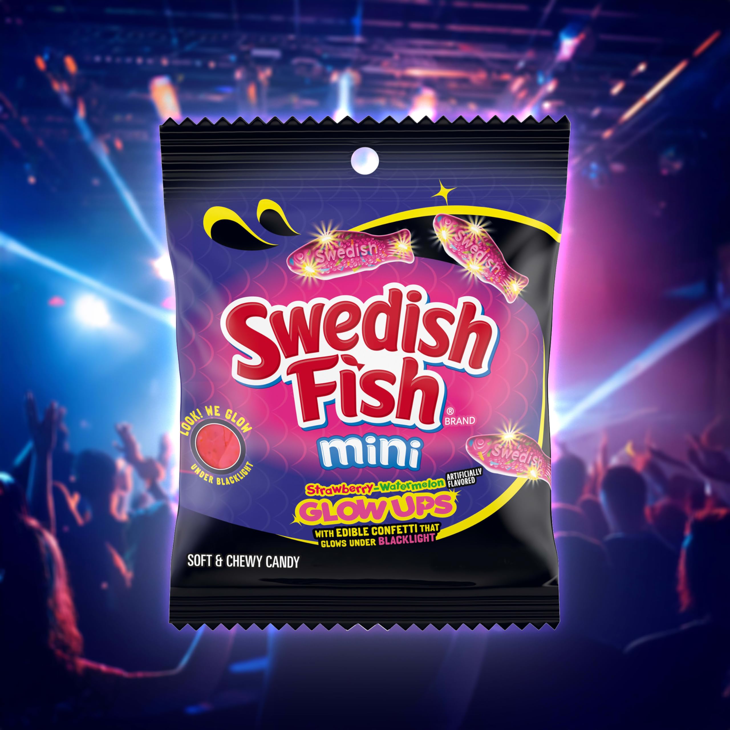 SWEDISH FISH comparación tamaño con mano, muestra porción y escala