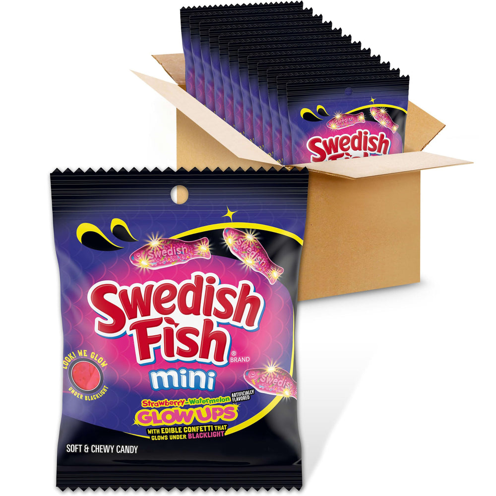 SWEDISH FISH empaque frontal mostrando bolsitas brillantes y conveniencia