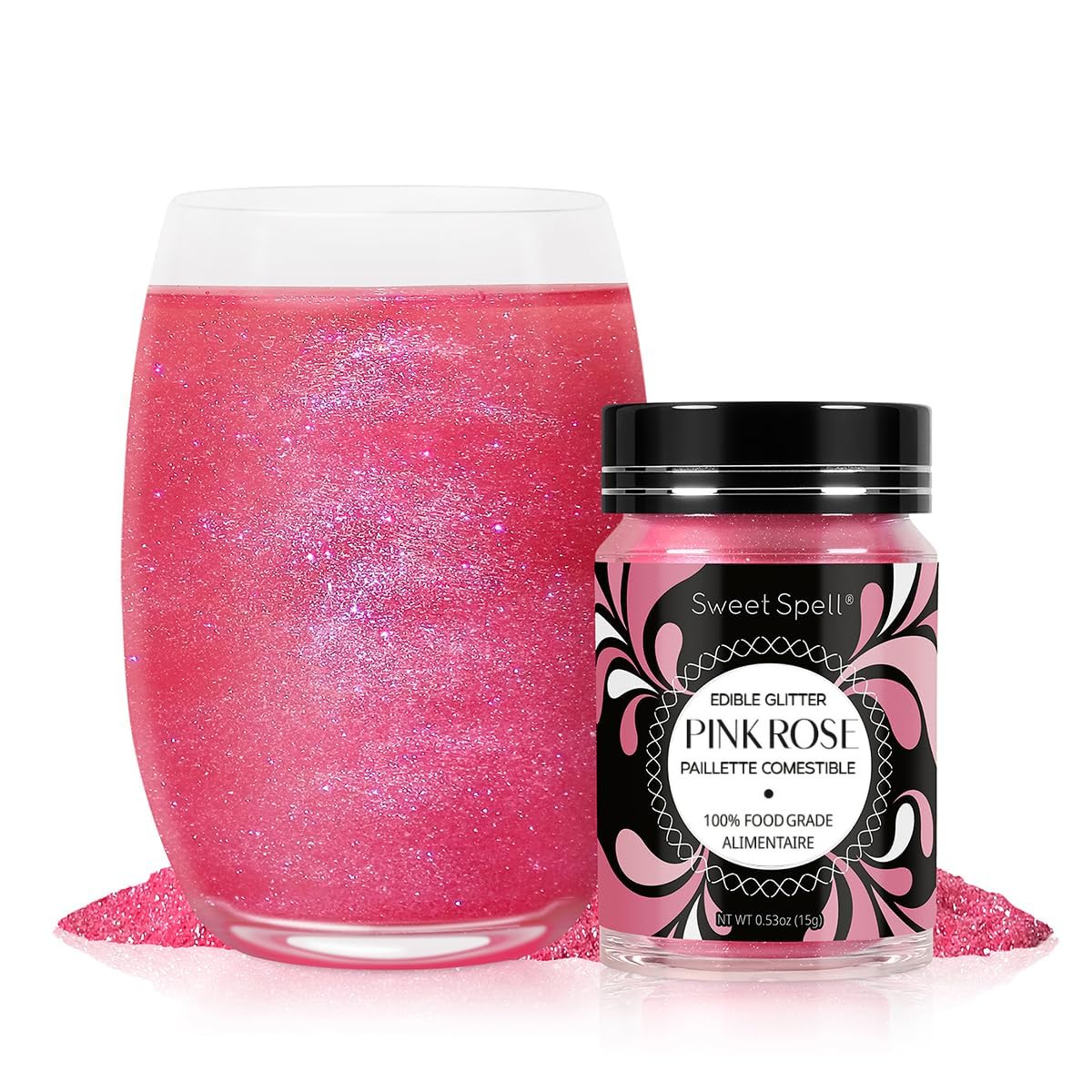 Sweet Spell frasco frontal de PinkEdible Glitter mostrando color rosa brillante y envase