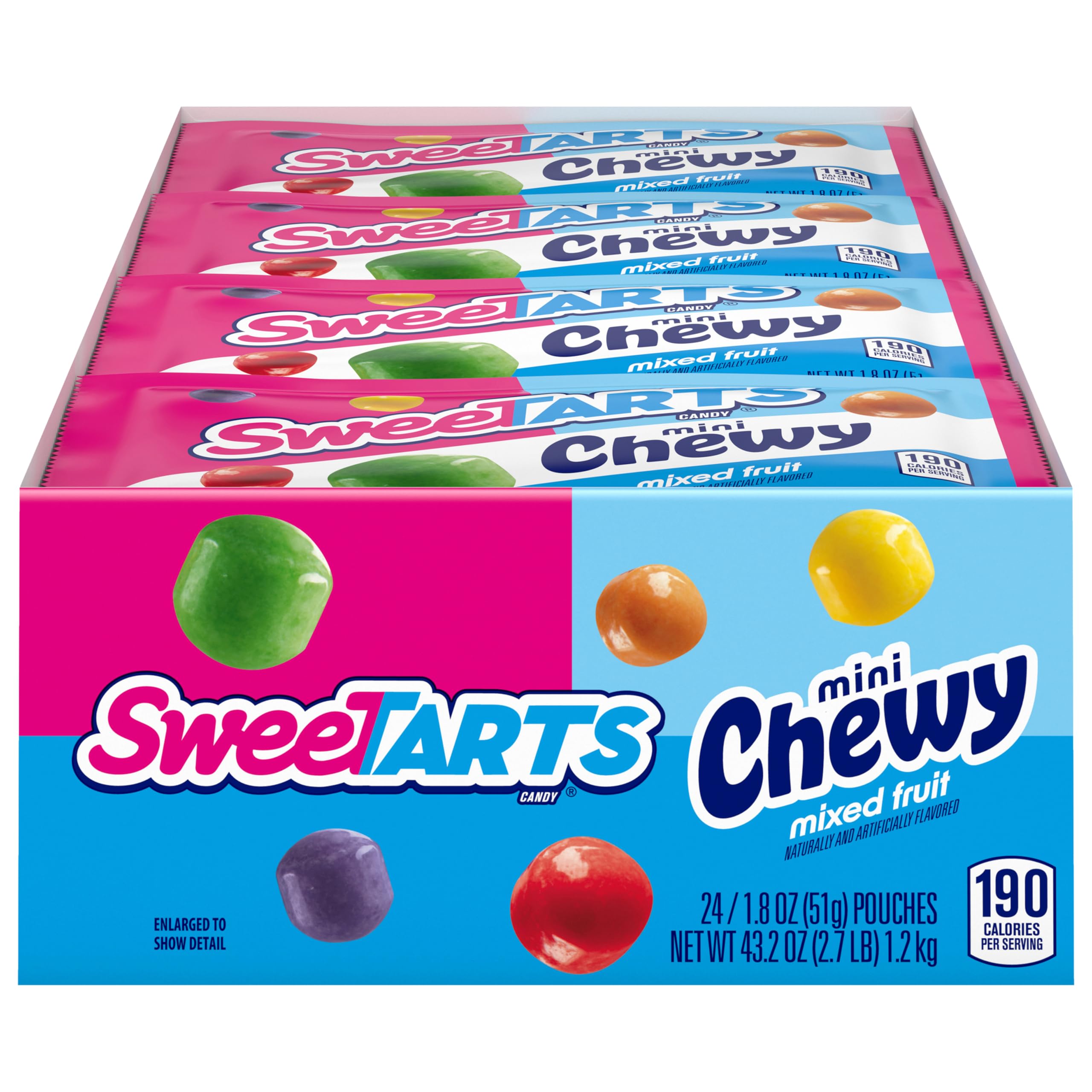 SweeTARTS empaque frontal de Mini Chewy mostrando diseño y colores vibrantes, práctico para llevar