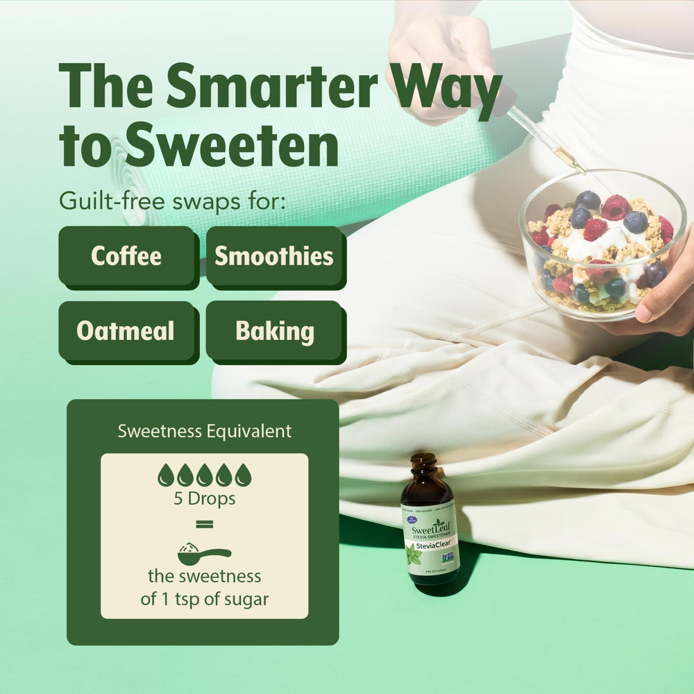 SweetLeaf botella 4 oz junto a una regla para comparar tamaño práctico