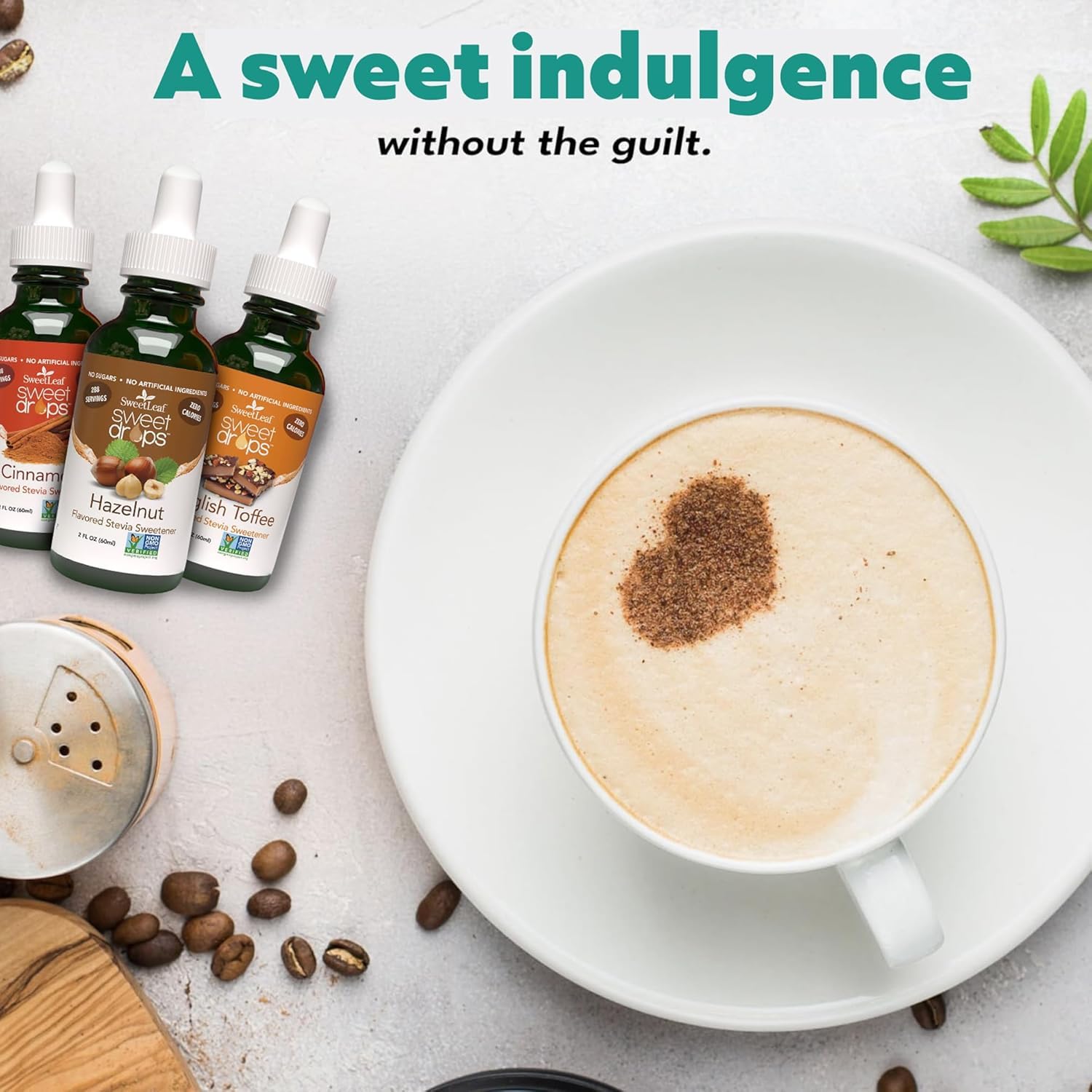 SweetLeaf botella abierta con gotero mostrando dosificación fácil y precisa