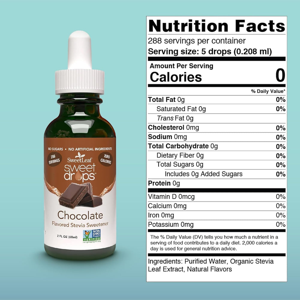 SweetLeaf detalle de etiqueta chocolate con información clara del producto