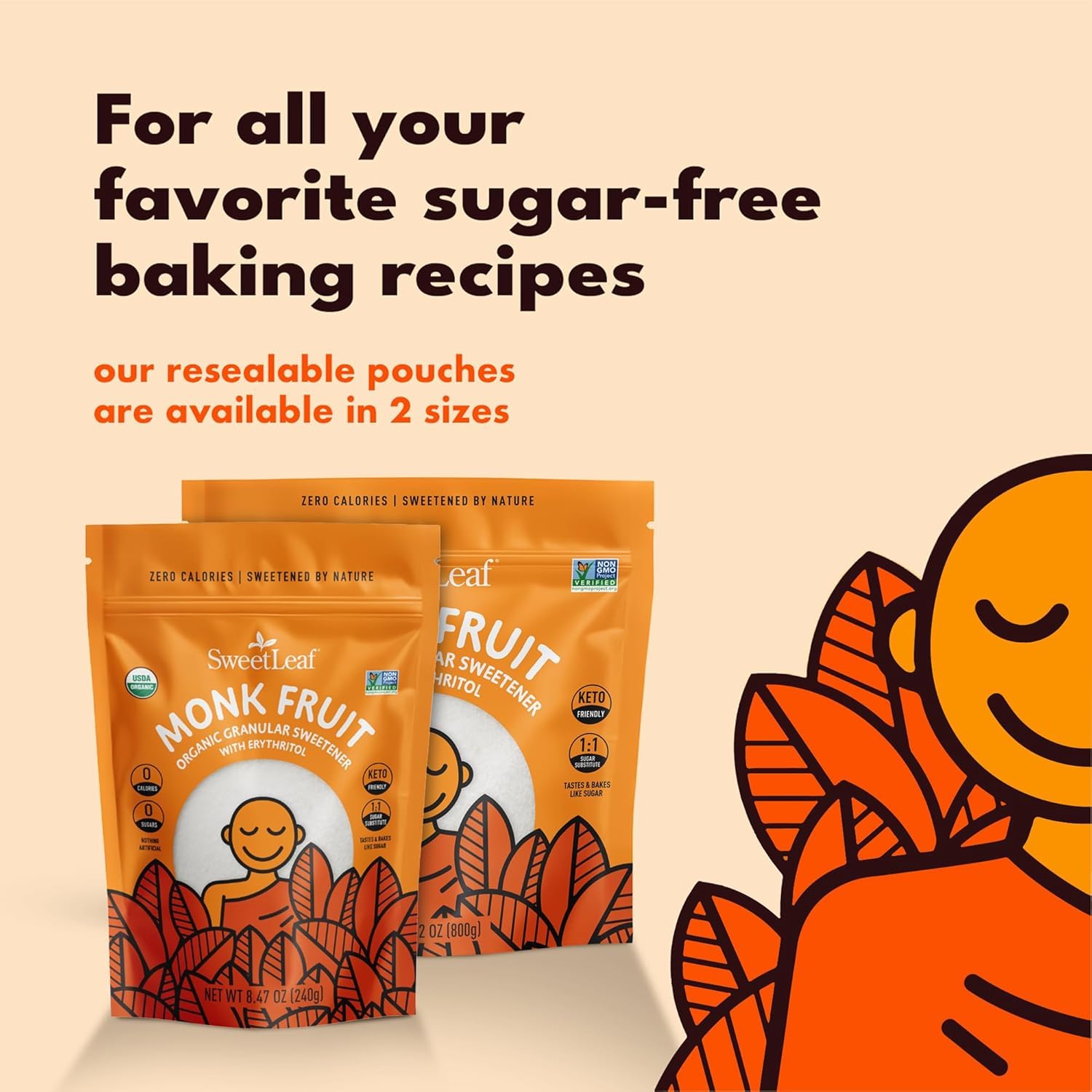 SweetLeaf bolsa en mano para comparar tamaño y ahorro por envase grande