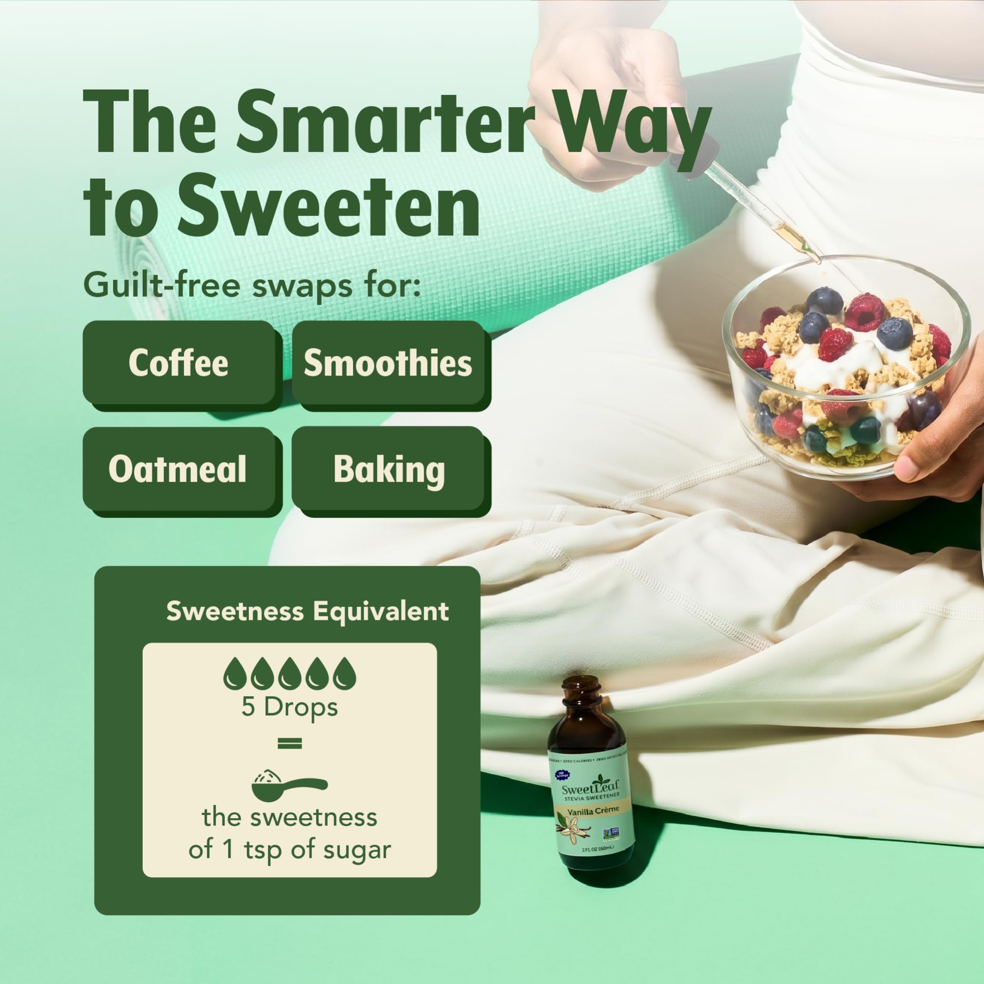 SweetLeaf frasco en mano para mostrar tamaño compacto, fácil de llevar y usar fuera