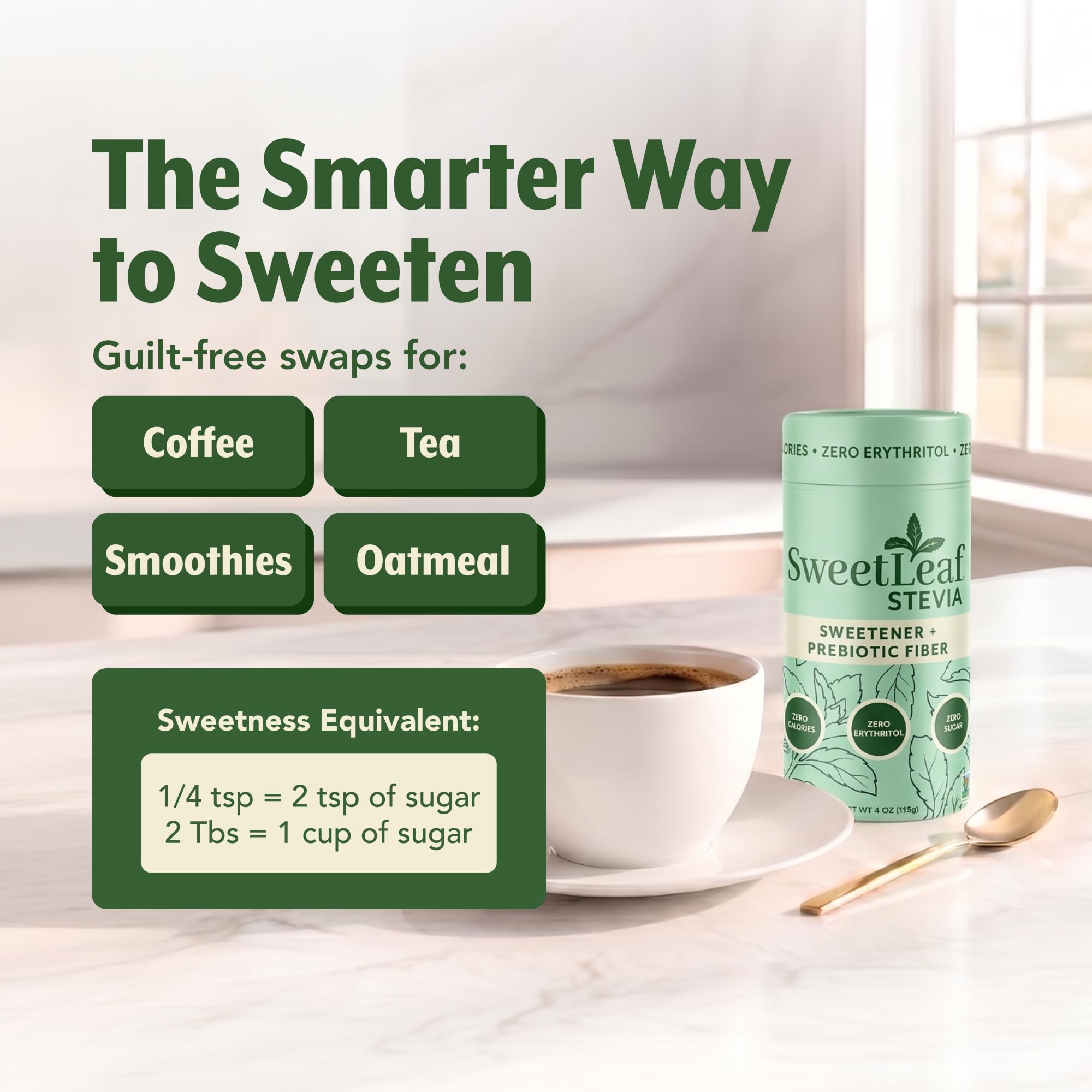 SweetLeaf en bandeja de repostería ilustrando sustitución del azúcar en recetas