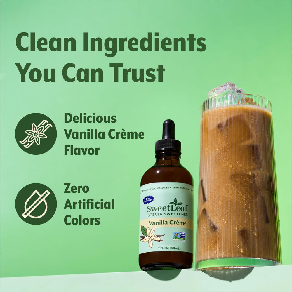 SweetLeaf etiqueta nutricional visible, información clara sobre cero calorías y sin azúcar