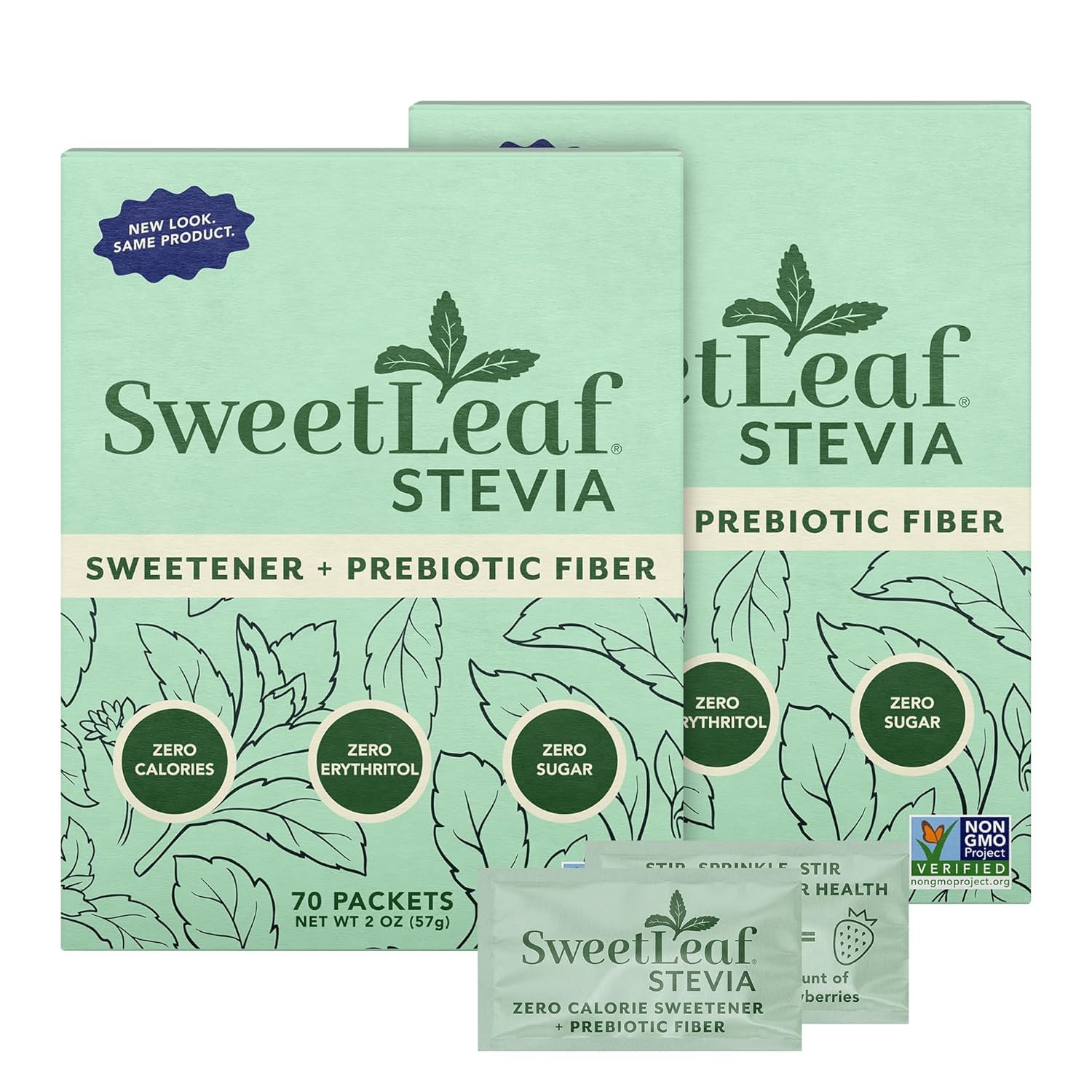 SweetLeaf frente del empaque mostrando 70 sobres y ventaja práctico