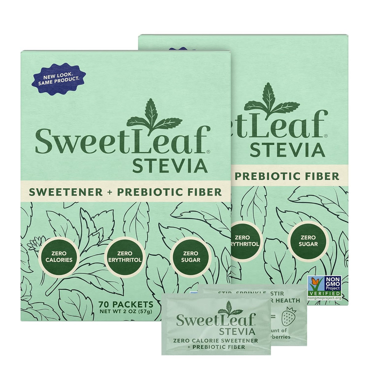 SweetLeaf frente del empaque mostrando 70 sobres y ventaja práctico