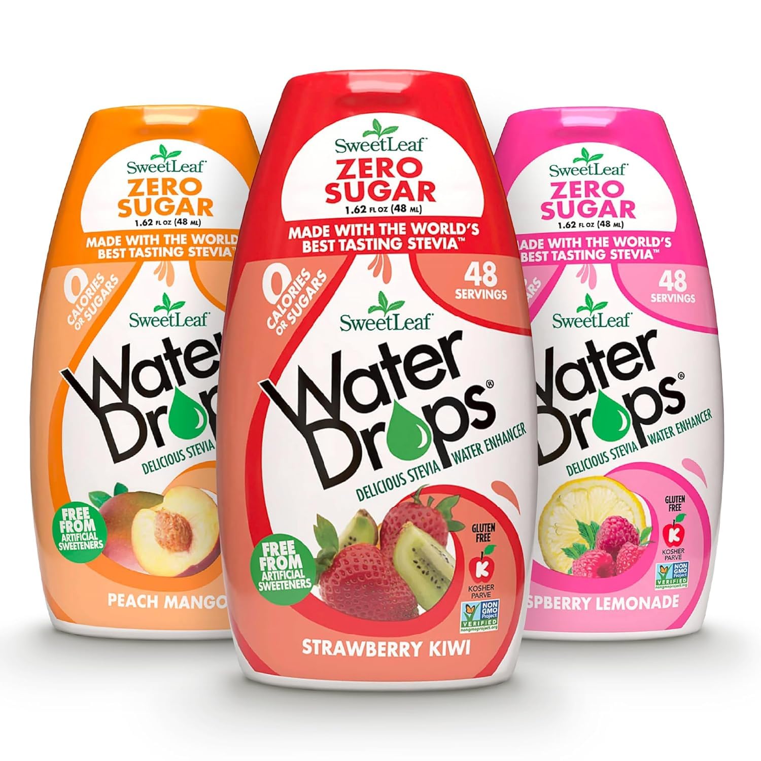SweetLeaf frente del pack de 3 botellas mostrando sabores variados y beneficio portable