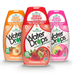 SweetLeaf frente del pack de 3 botellas mostrando sabores variados y beneficio portable