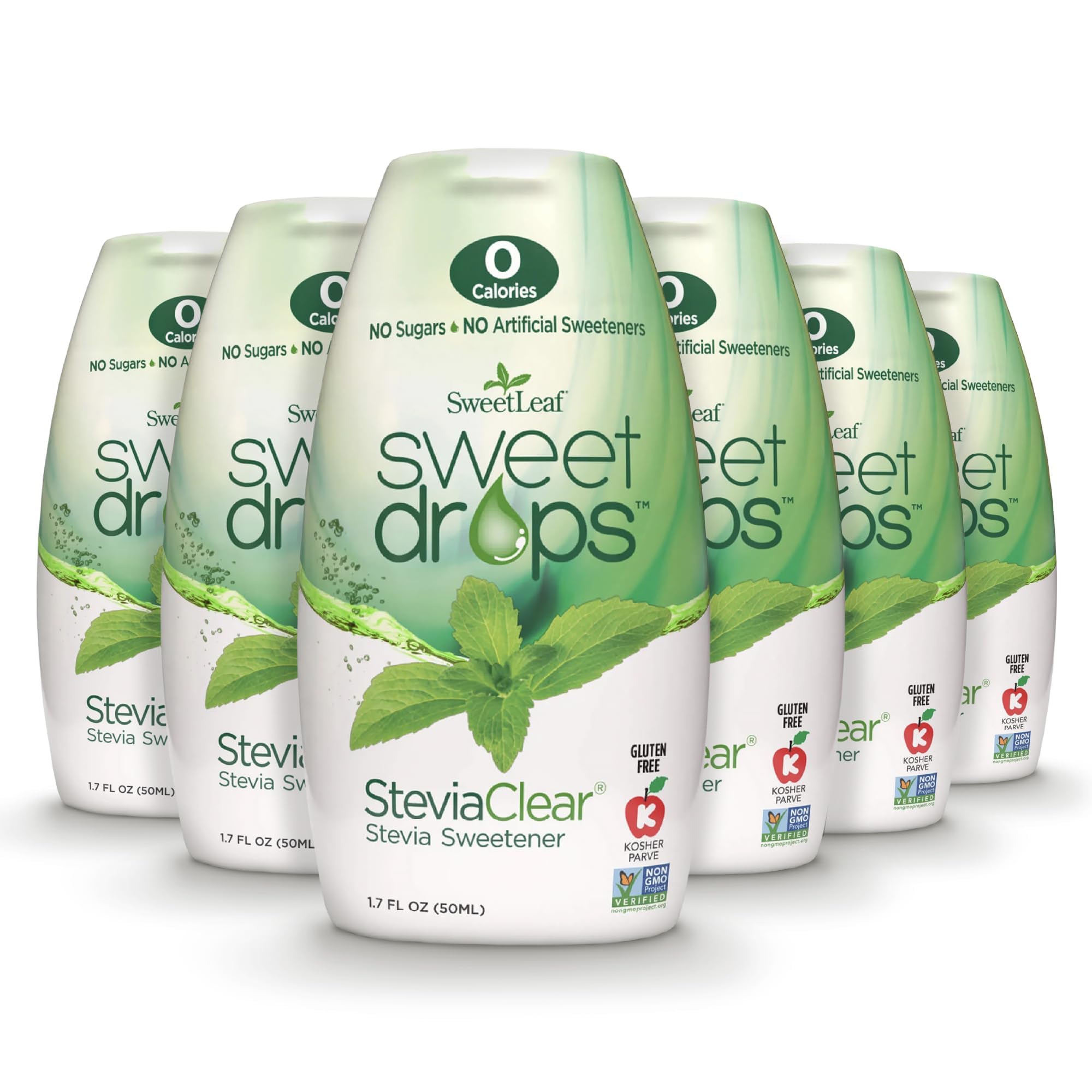 SweetLeaf vista frontal del pack de 6 frascos, cómodo y listo para usar