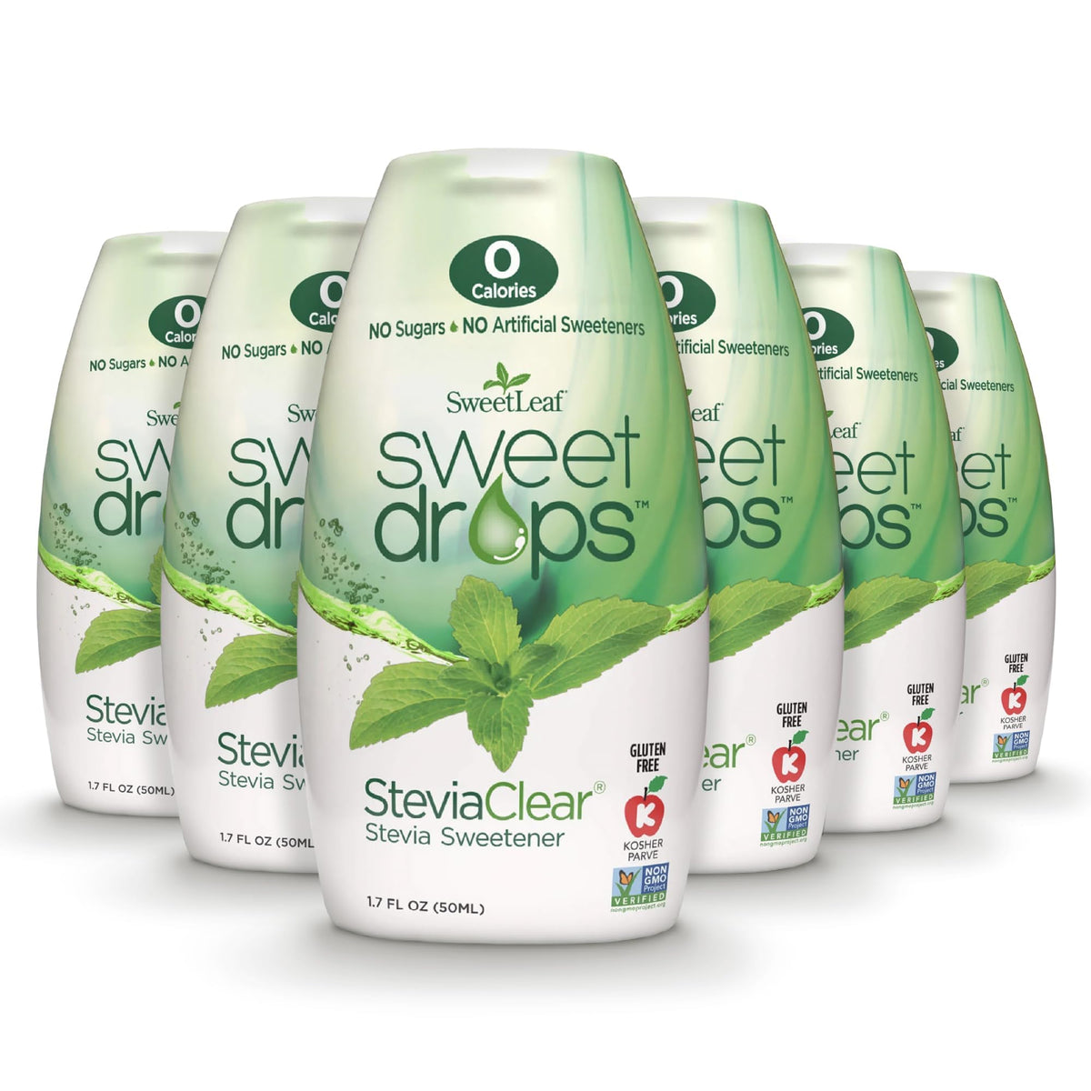 SweetLeaf vista frontal del pack de 6 frascos, cómodo y listo para usar