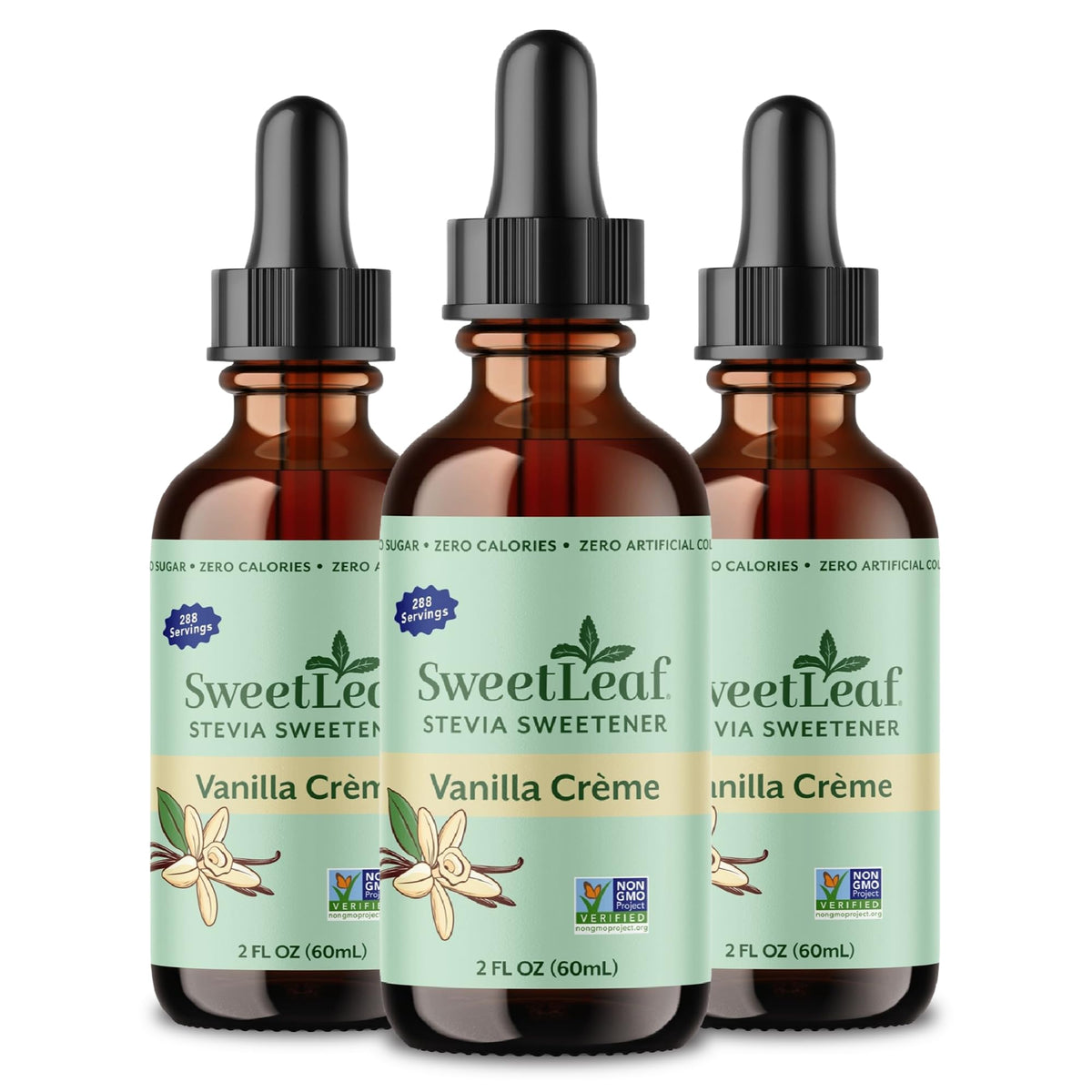 SweetLeaf vista frontal del pack de tres frascos con sabor Vainilla Creme, práctico y sin calorías
