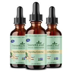 SweetLeaf vista frontal del pack de tres frascos con sabor Vainilla Creme, práctico y sin calorías