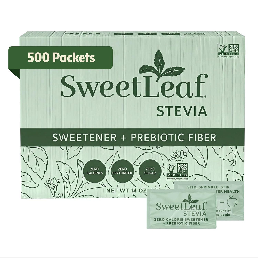 SweetLeaf paquete frontal mostrando 500 sobres práctico para negocios