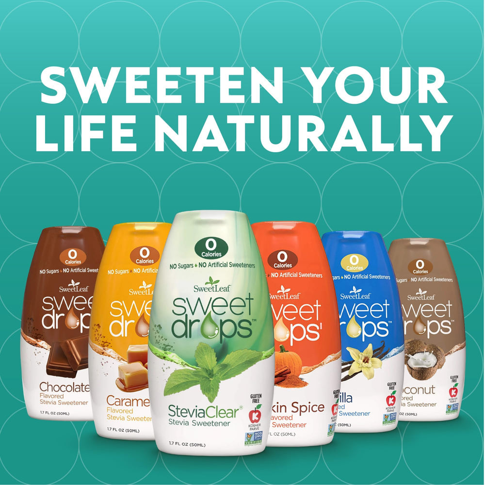 SweetLeaf gota de stevia en fondo claro, concentración sin calorías visible