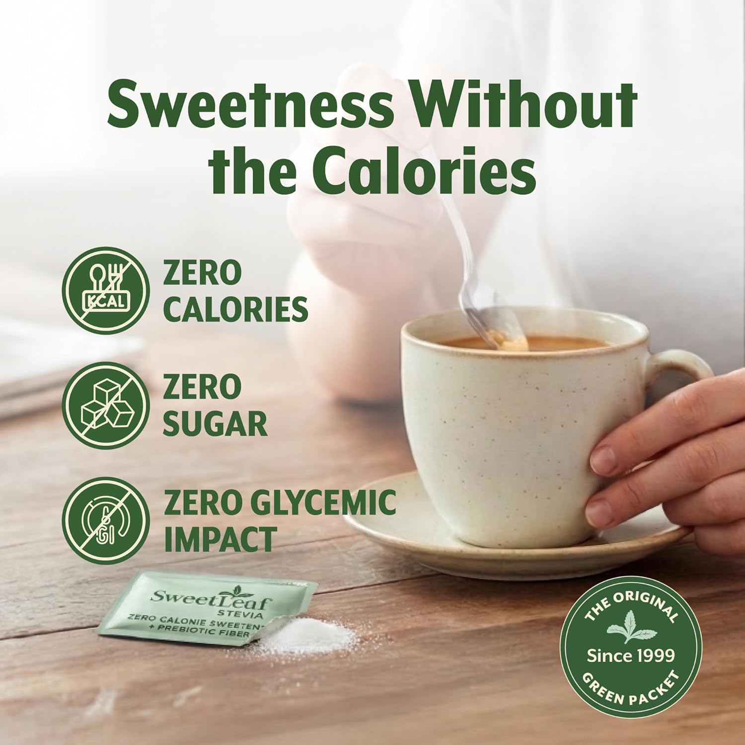 SweetLeaf textura del polvo en primer plano, destaca disolución rápida