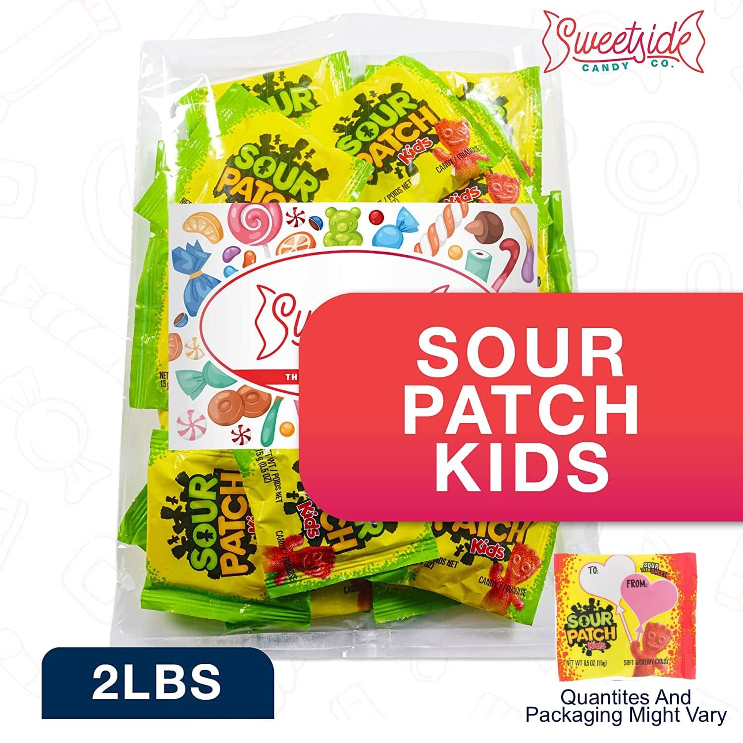SWEETSIDE CANDY CO. comparación de tamaño mano junto al paquete para referencia de porción